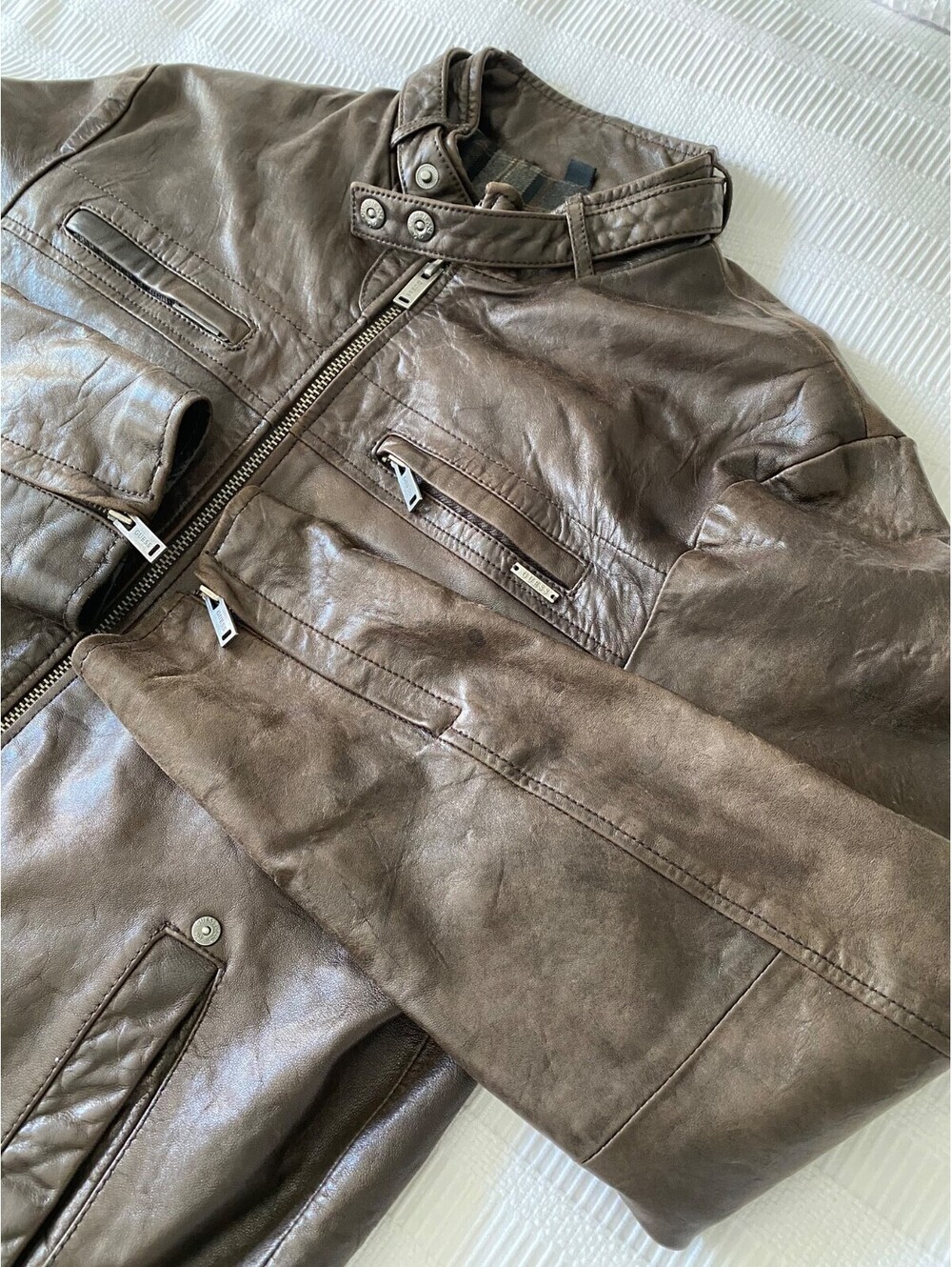 Guess Men's Leather Moto Jacket Coat Brown Sz M Blanket Lined